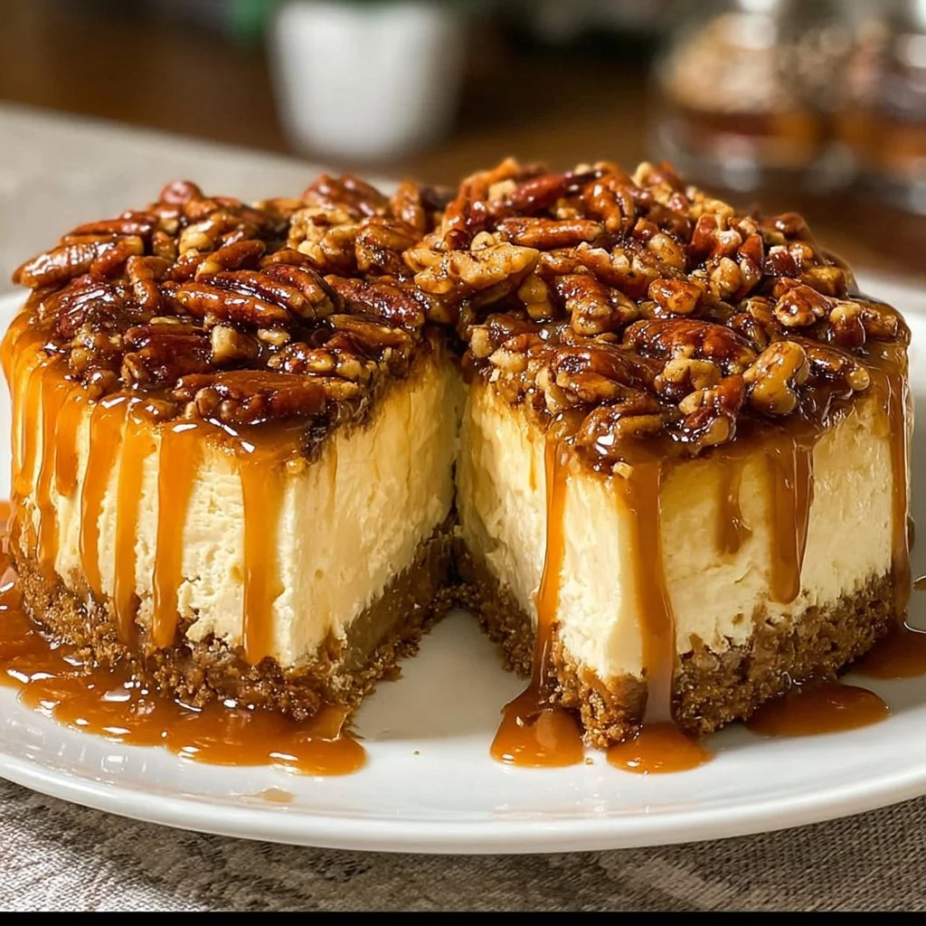 Delicious slice of pecan pie cheesecake with pecans on top.