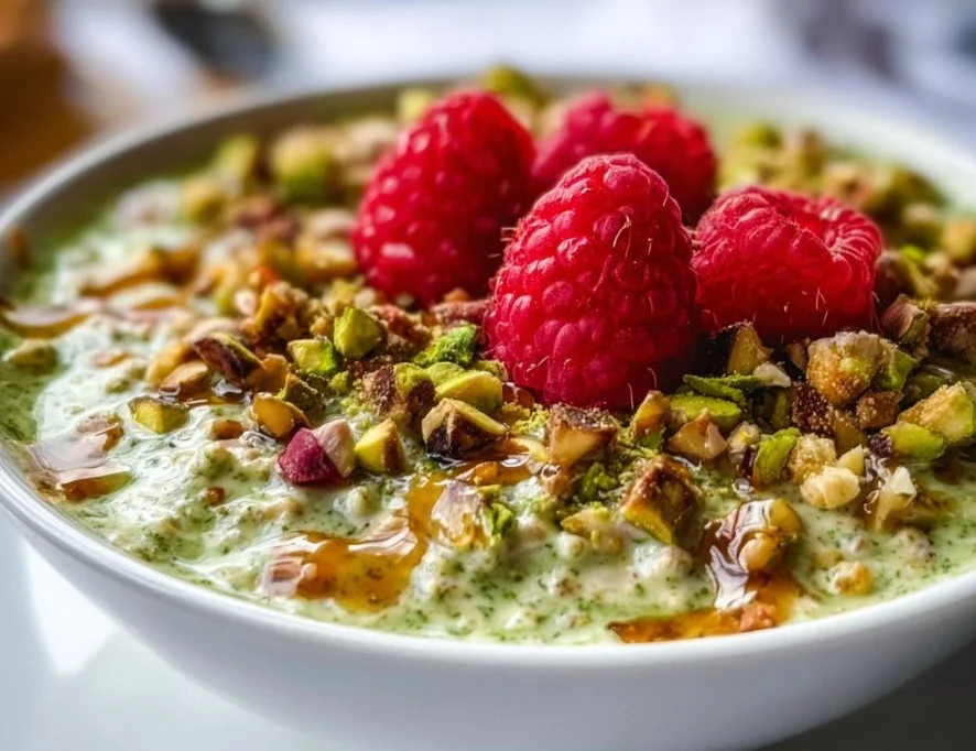 Bowl of creamy pistachio overnight oats topped with nuts and fruits