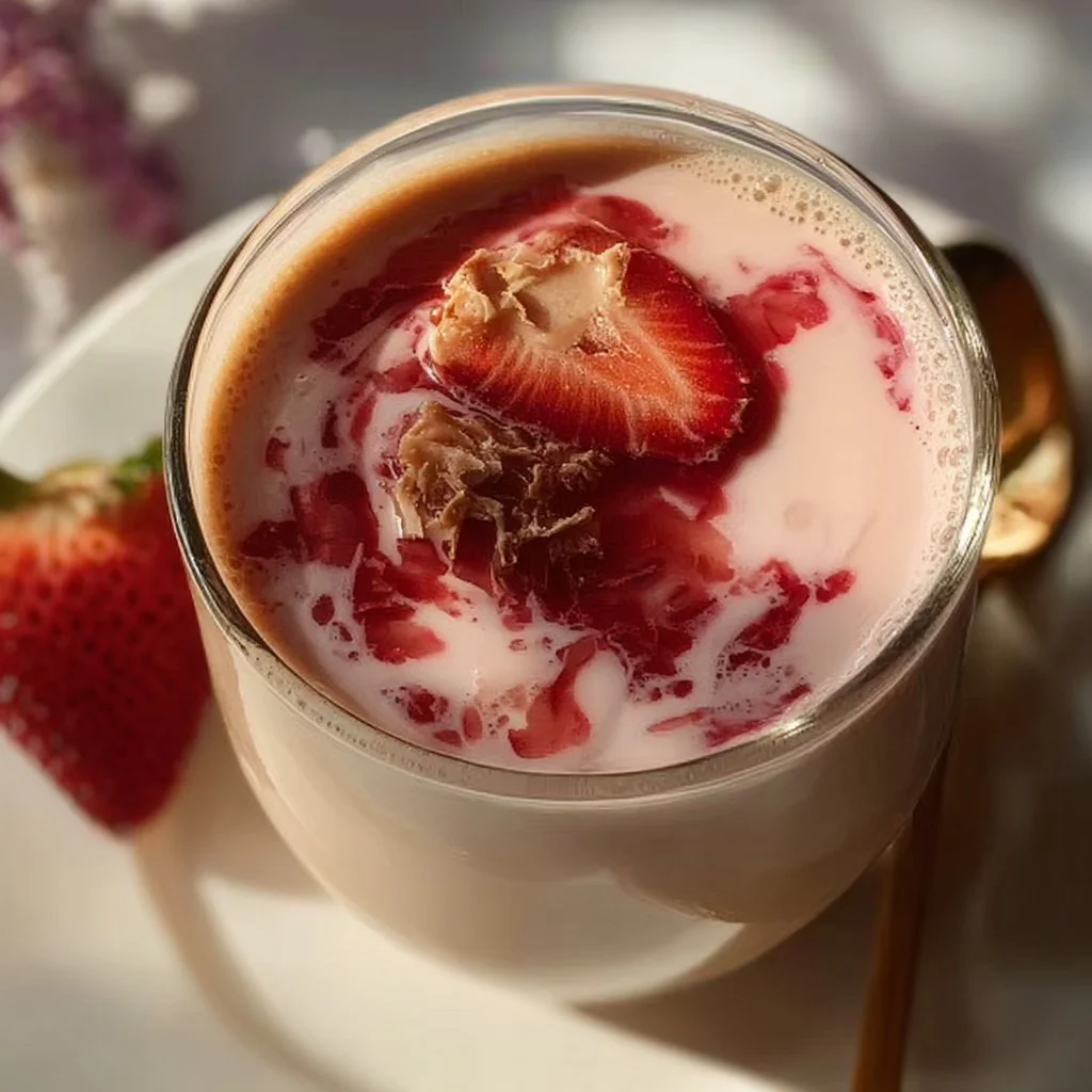 A refreshing cup of Strawberry Earl Grey Milk Tea with fresh strawberries and tea leaves.