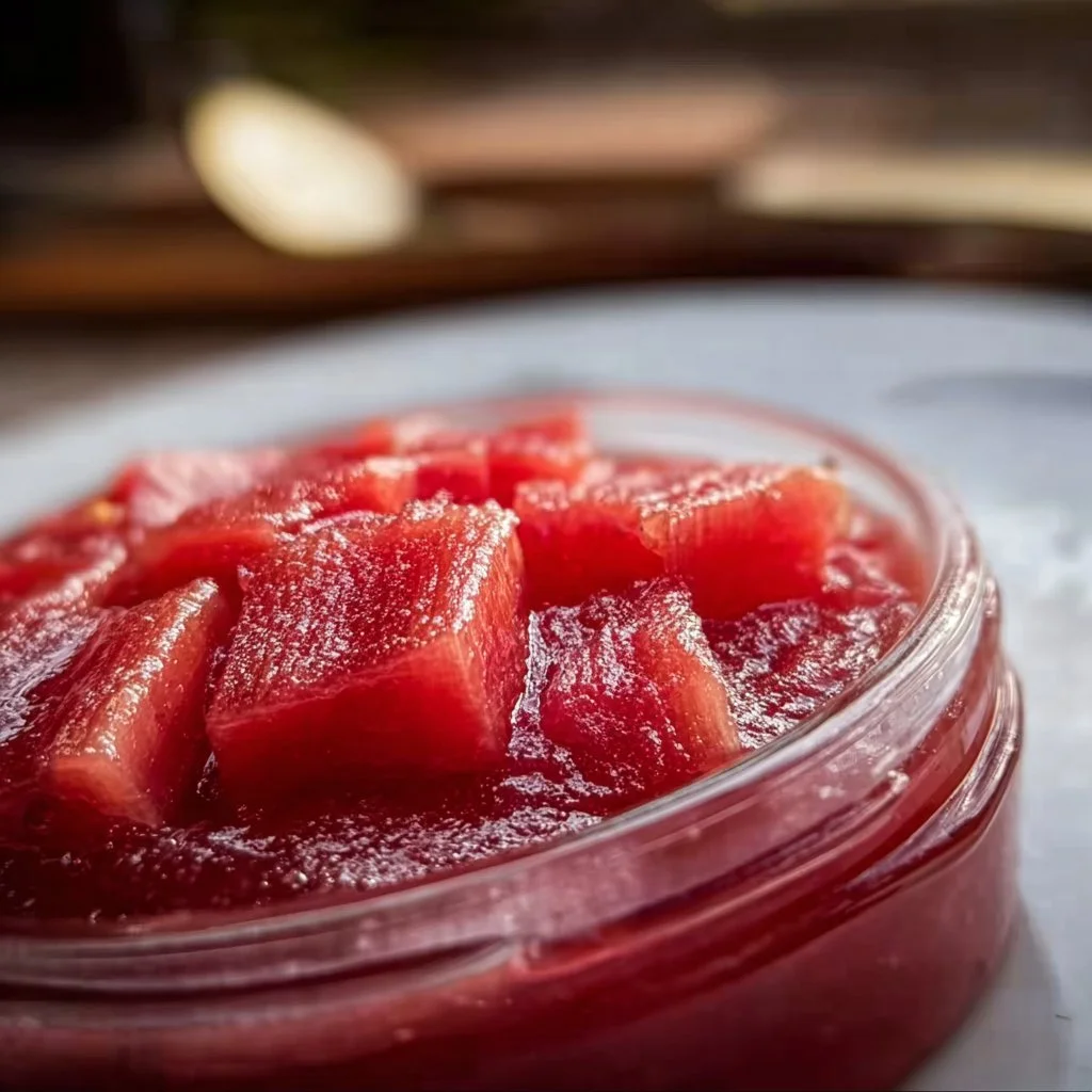 Homemade rhubarb compote in a glass jar with fruit toppings.