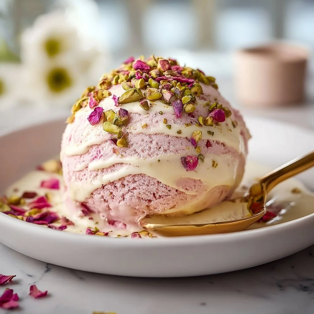 Delicious Rose Cheesecake Ice Cream with crushed Pistachios topping