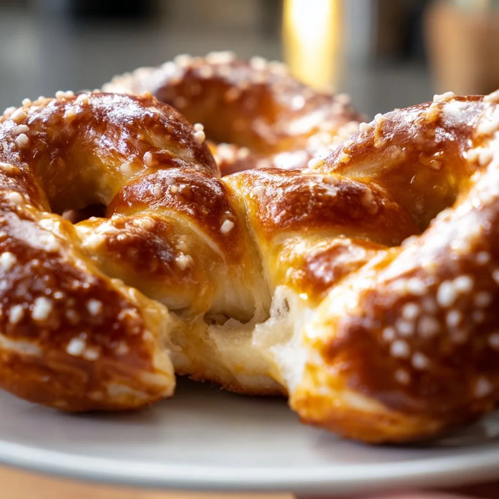 Freshly baked soft pretzels with coarse salt on a wooden table