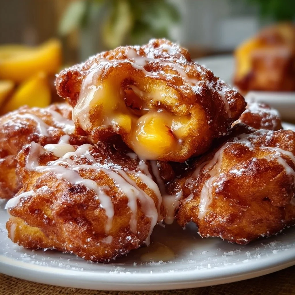 Golden brown Southern peach fritters dusted with powdered sugar