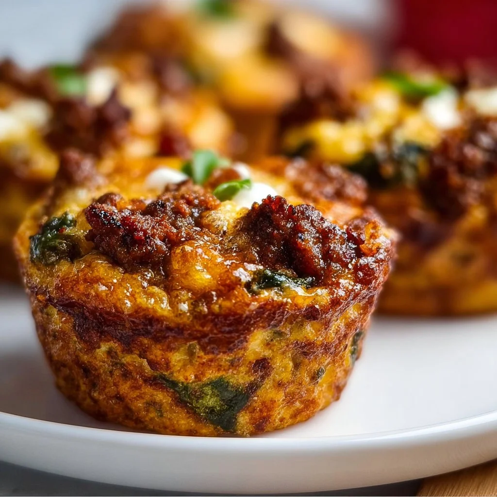 Spicy Chorizo Muffin Cups with roasted poblano served on a plate.