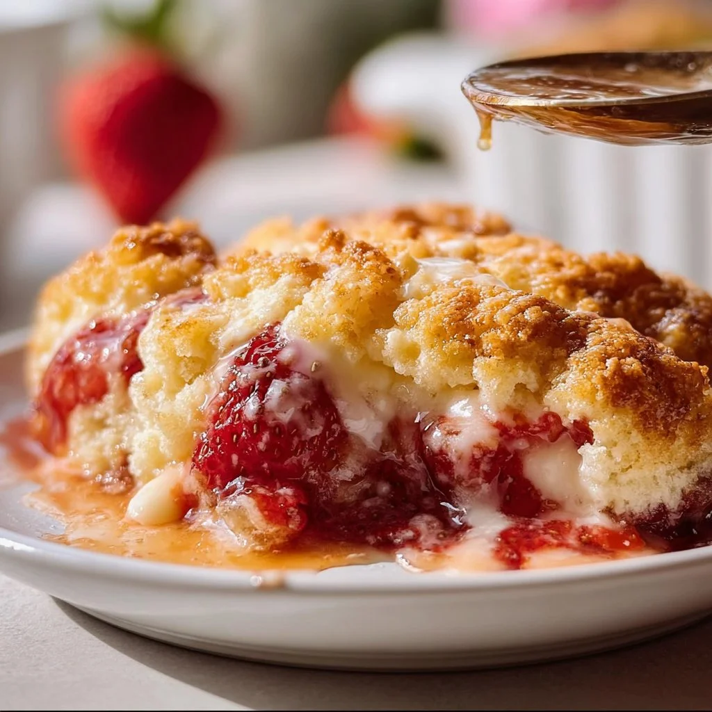 Delicious Strawberry Cheesecake Cobbler topped with fresh strawberries.
