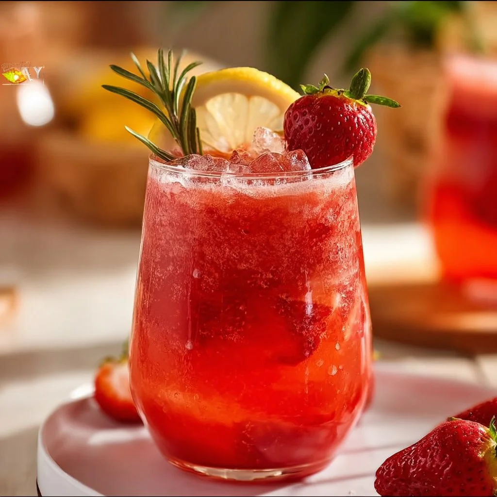Refreshing glass of strawberry lemonade with fresh strawberries and lemon slices