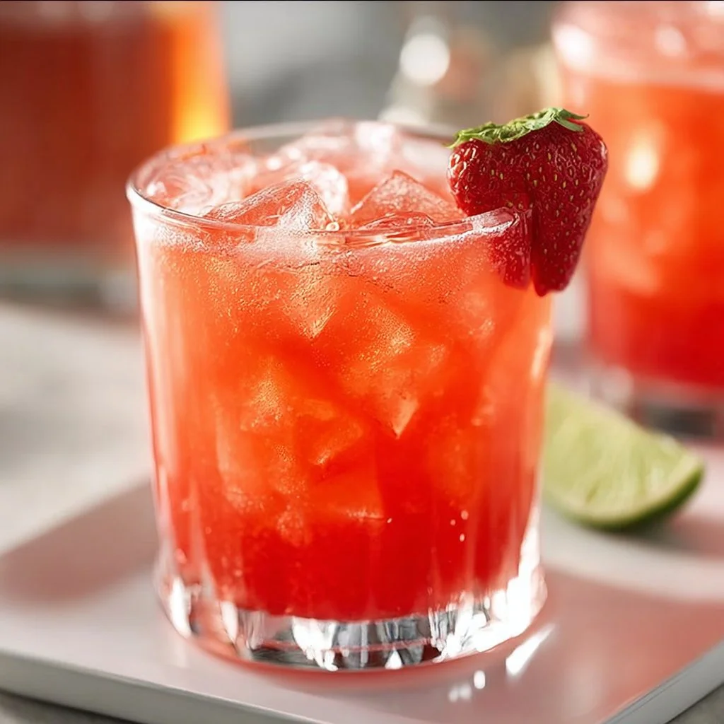 Refreshing glass of strawberry lemonade with fresh strawberries and lemons