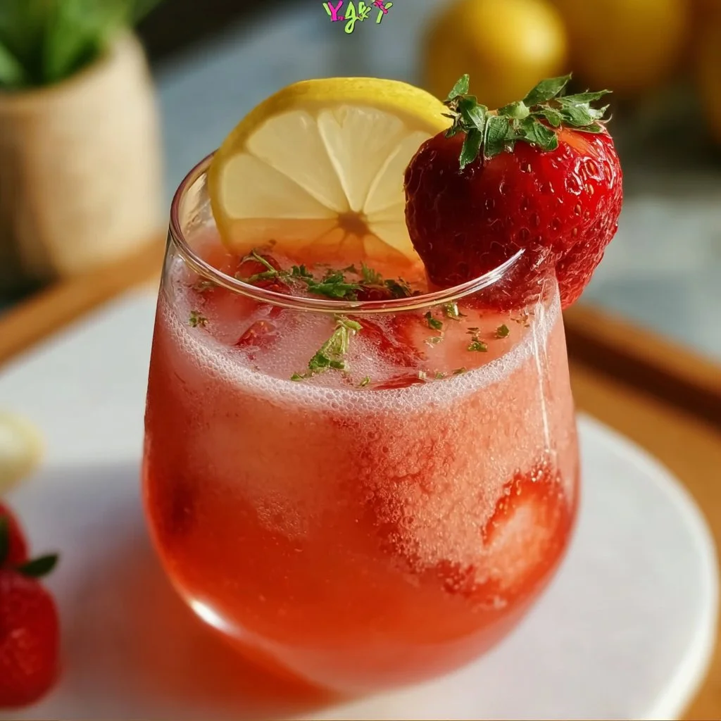 A glass of vibrant strawberry limeade garnished with fresh strawberries and lime slices.