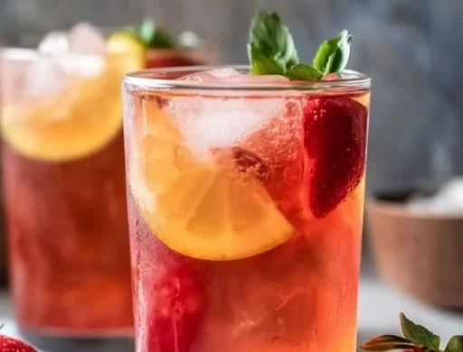 A refreshing cup of strawberry tea served with fresh strawberries