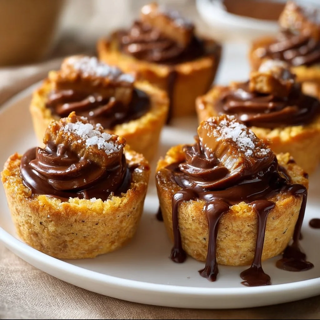 Delicious Twix Cookie Cups topped with caramel and chocolate