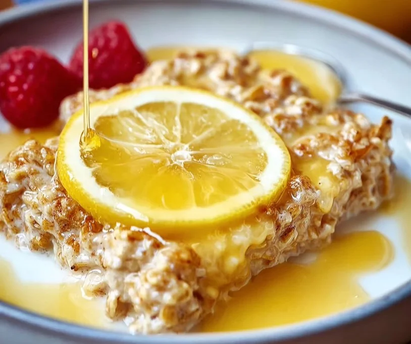 Delicious zesty lemon baked oats served in a bowl for breakfast