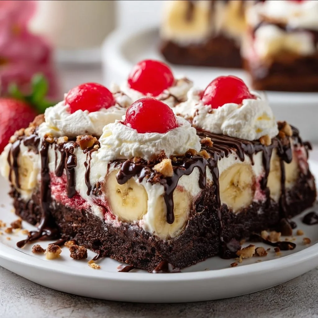 Delicious banana split brownie ice cream pizza topped with fruits and whipped cream