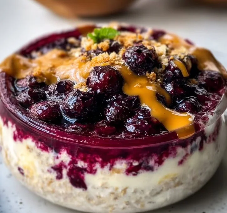 A bowl of blueberry pie overnight oats topped with fresh blueberries and granola.