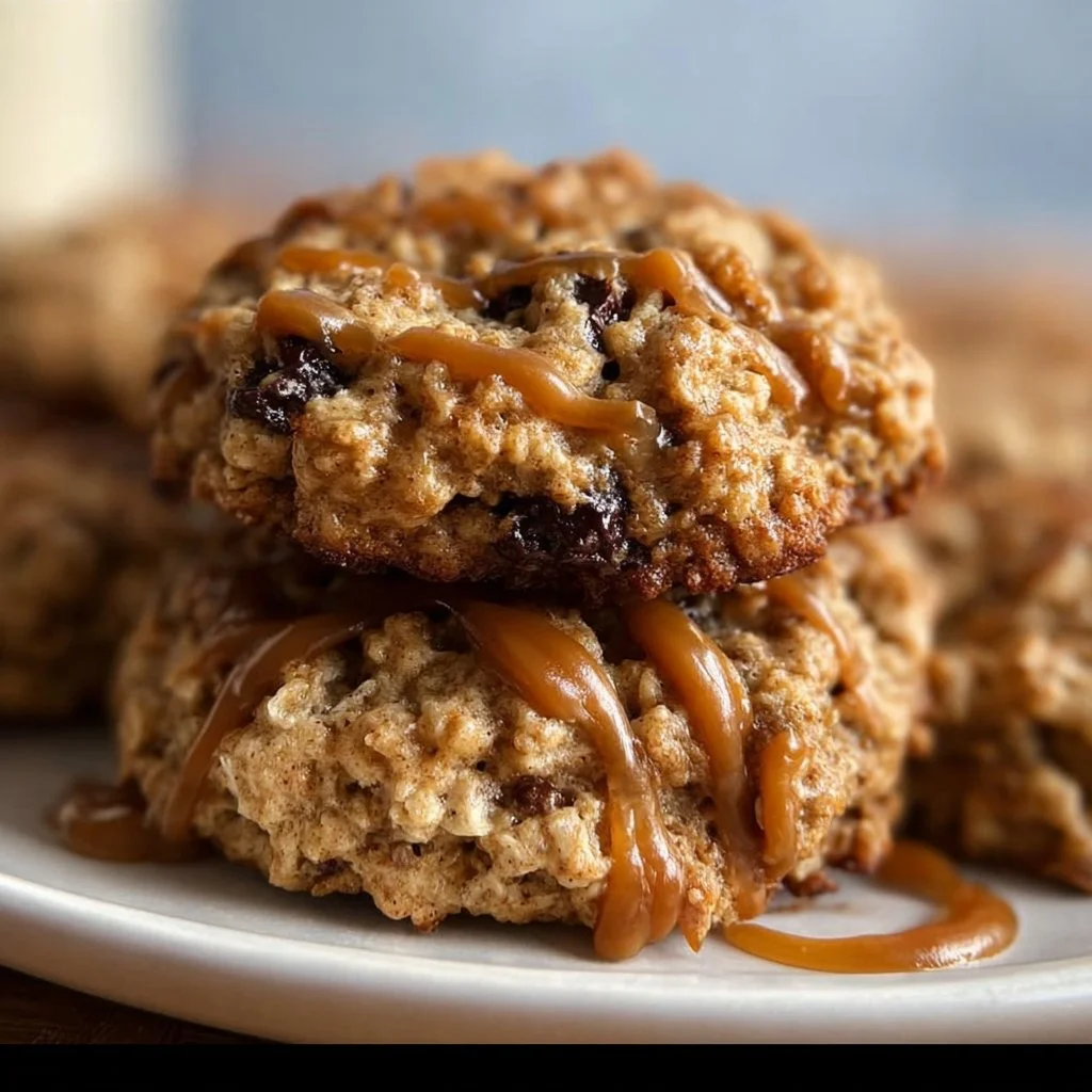 Delicious caramel stuffed oatmeal cookies on a cooling rack.