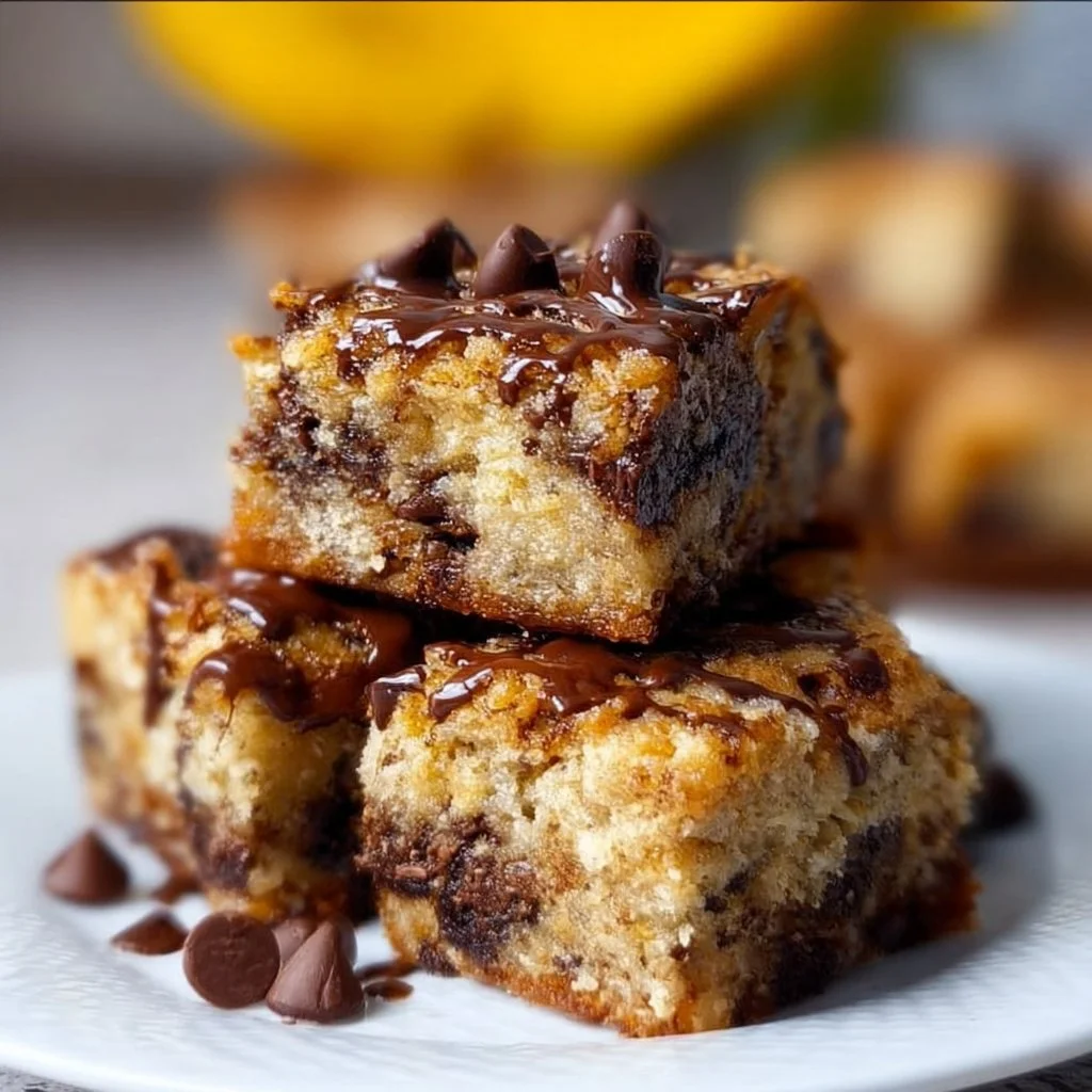 Delicious homemade chocolate chip banana bars fresh out of the oven.