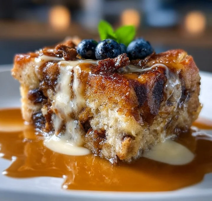 Delicious classic bread pudding dessert served with creamy sauce