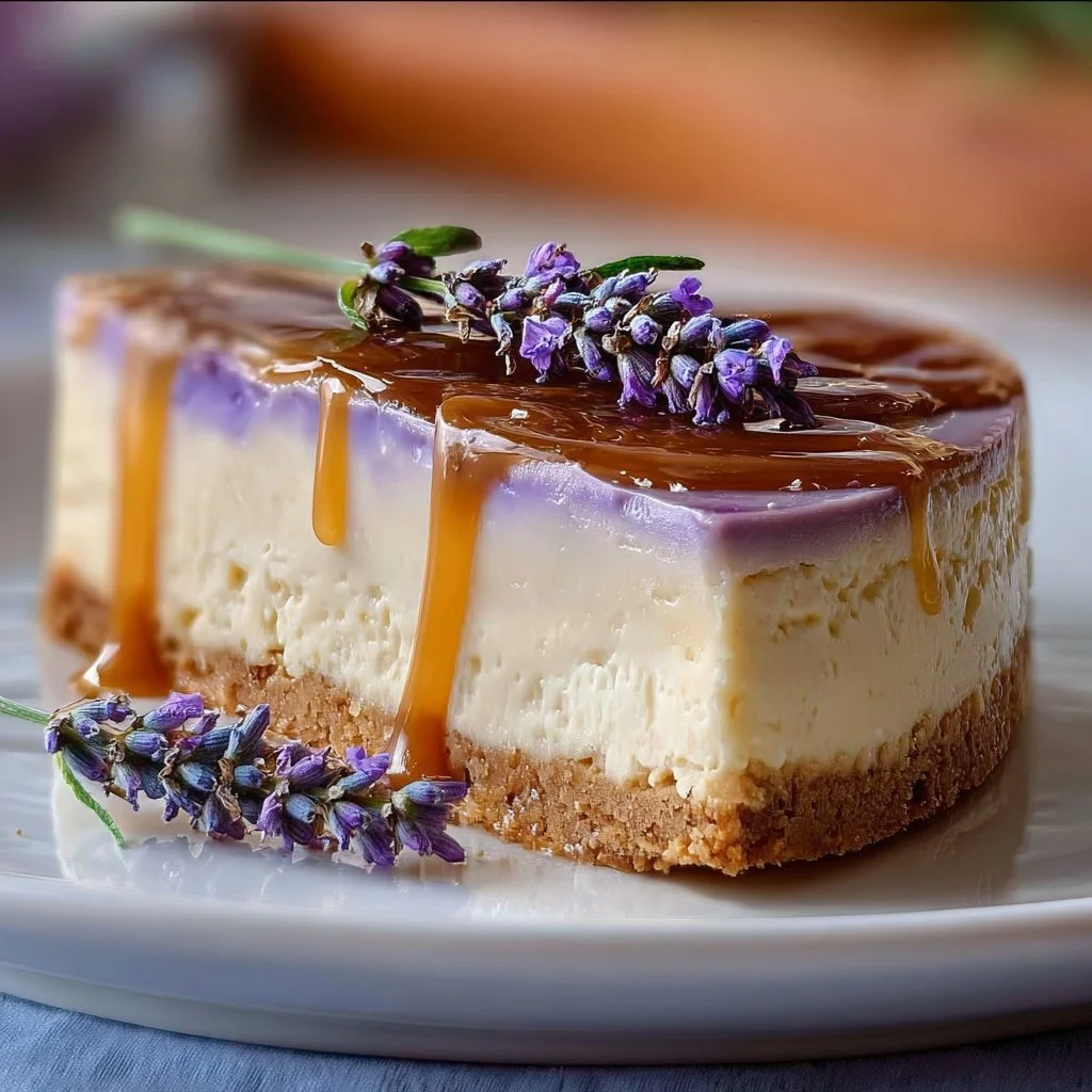 Delicious honey lavender cheesecake slice on a white plate