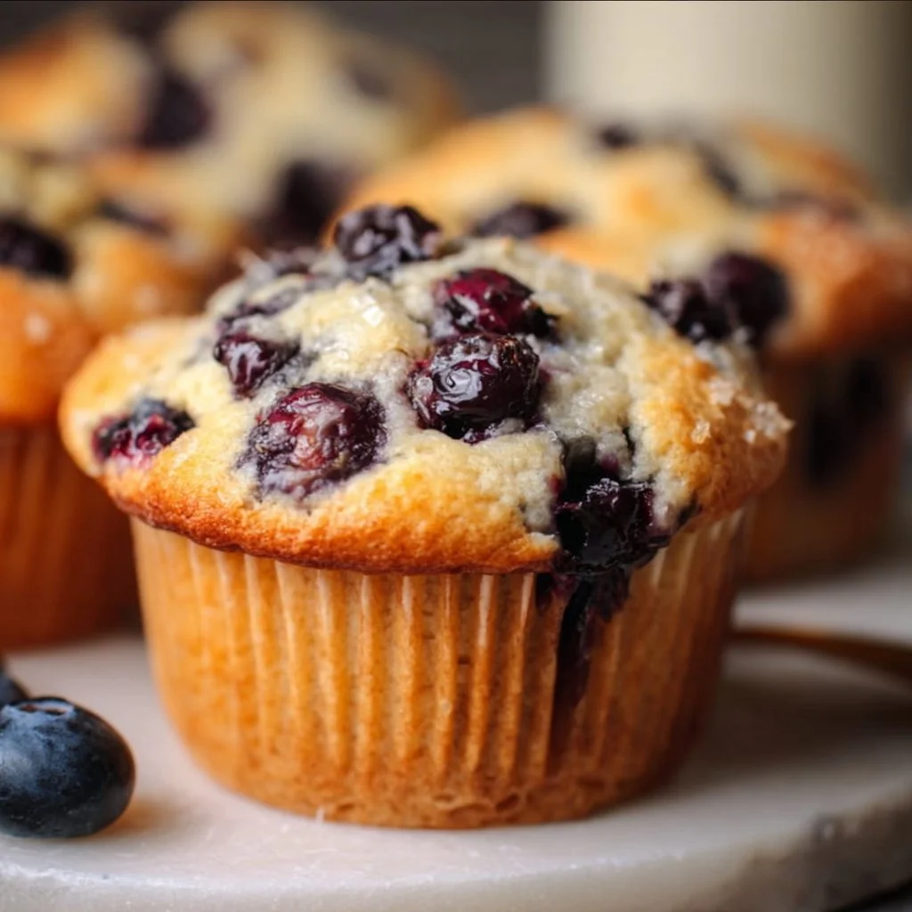 Fluffy blueberry muffins baked with Greek yogurt on a cooling rack.