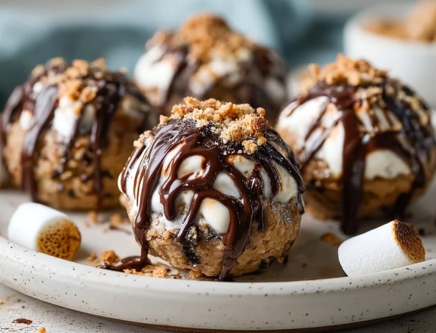 Healthy no bake s'mores cookie dough bites on a plate with chocolate and graham cracker crumbs