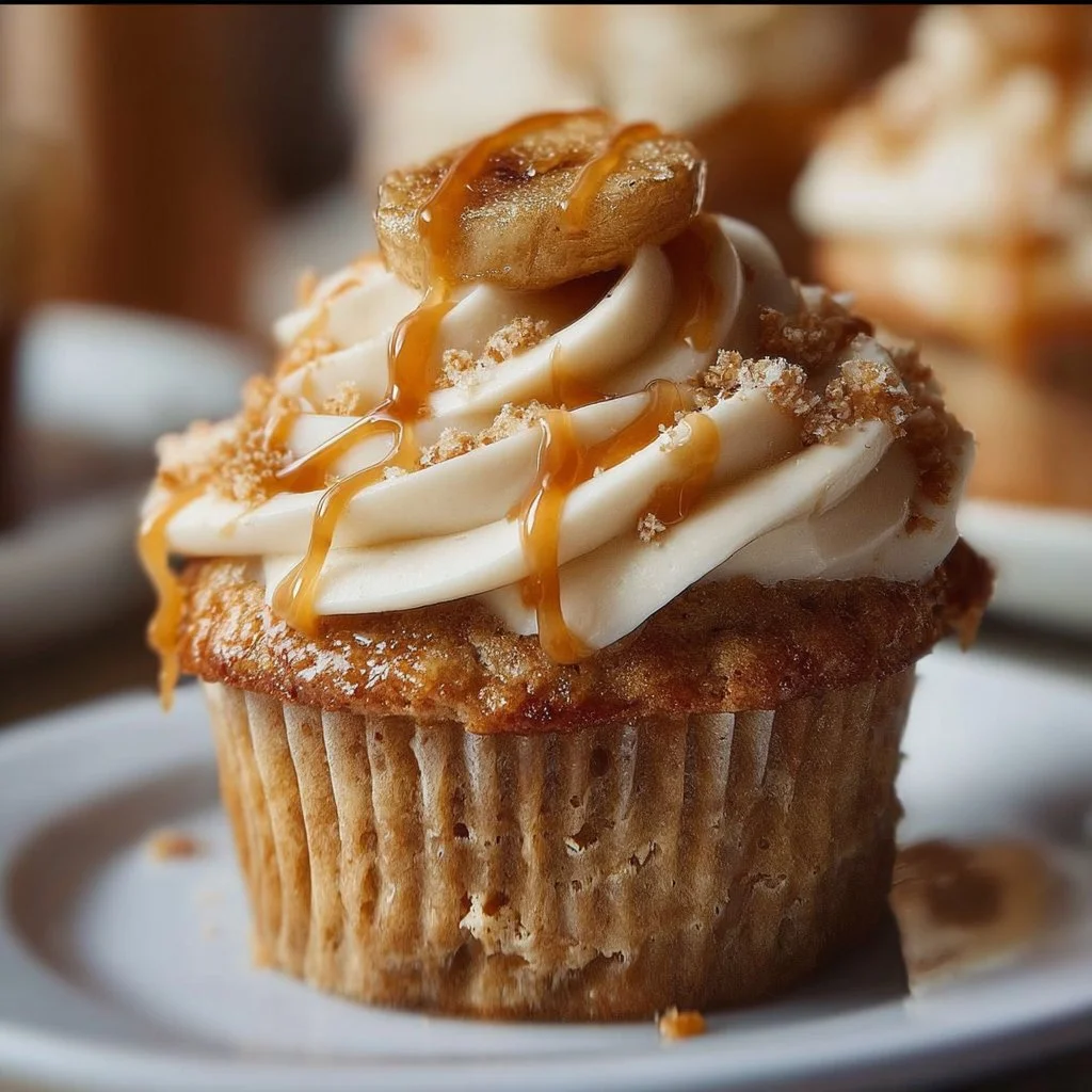 Heavenly banana cupcakes topped with creamy frosting and banana slices