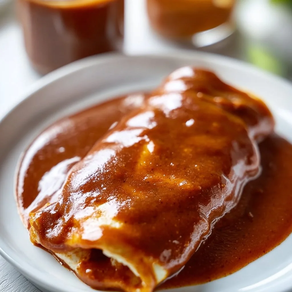 Homemade enchilada sauce poured over enchiladas in a baking dish.