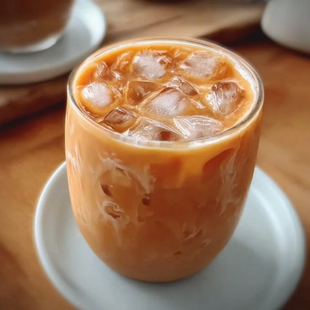 A cup of homemade milk tea with a swirl of cream and tea leaves in the background.