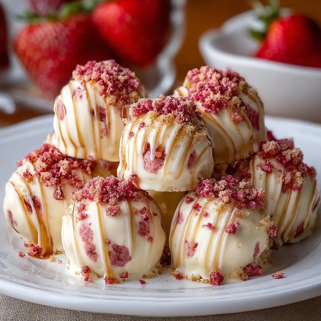 Delicious homemade strawberry cheesecake truffles on a rustic wooden table.