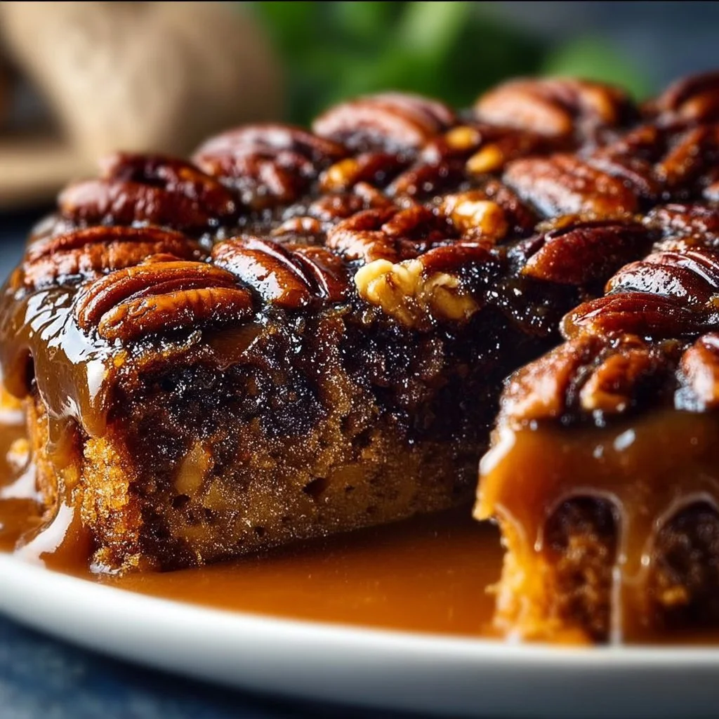 Delicious pecan upside down cake topped with caramelized pecans and served on a plate.