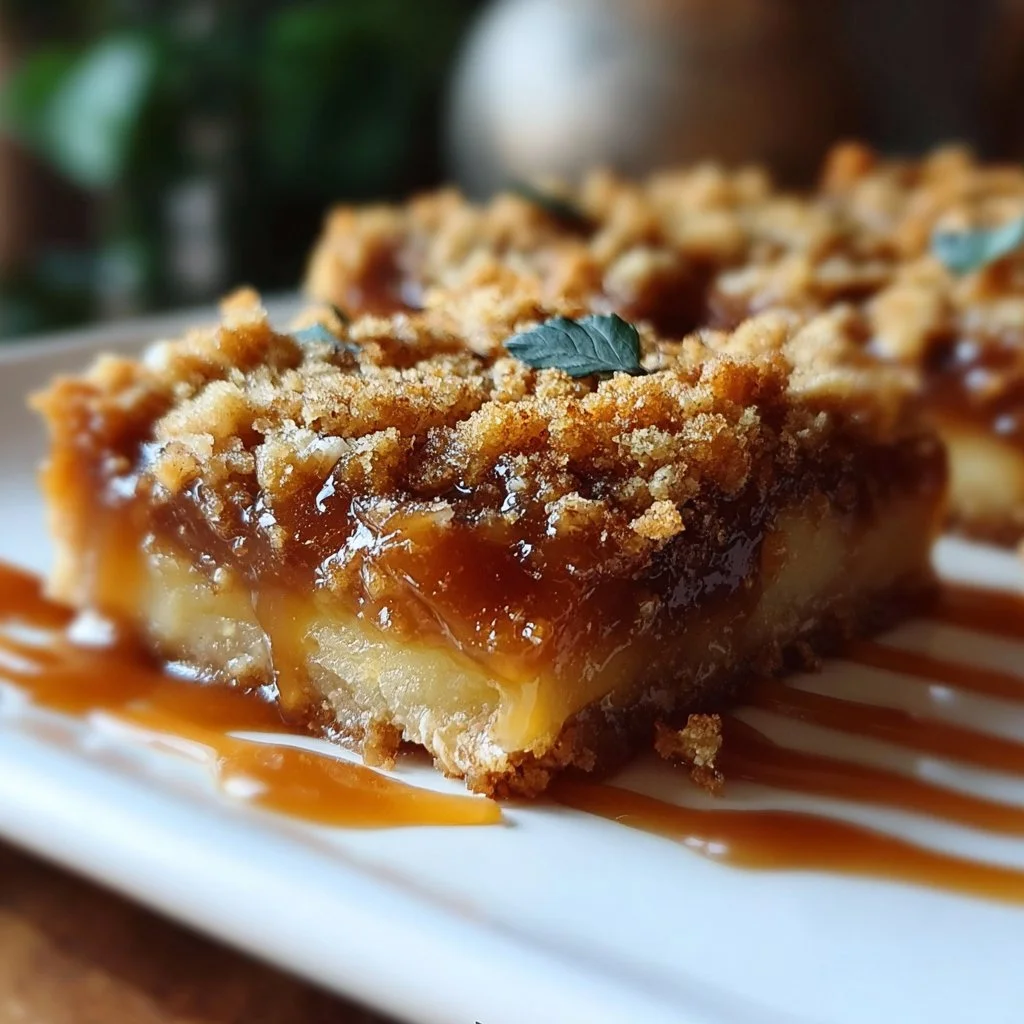 Delicious salted caramel apple crumble bars topped with caramel drizzle.