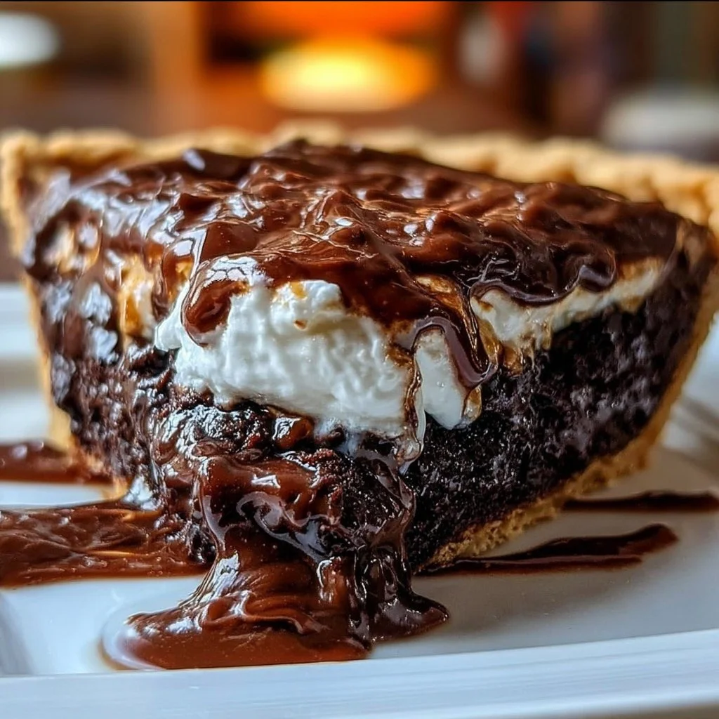 Delicious hot fudge pie served with chocolate sauce and whipped cream