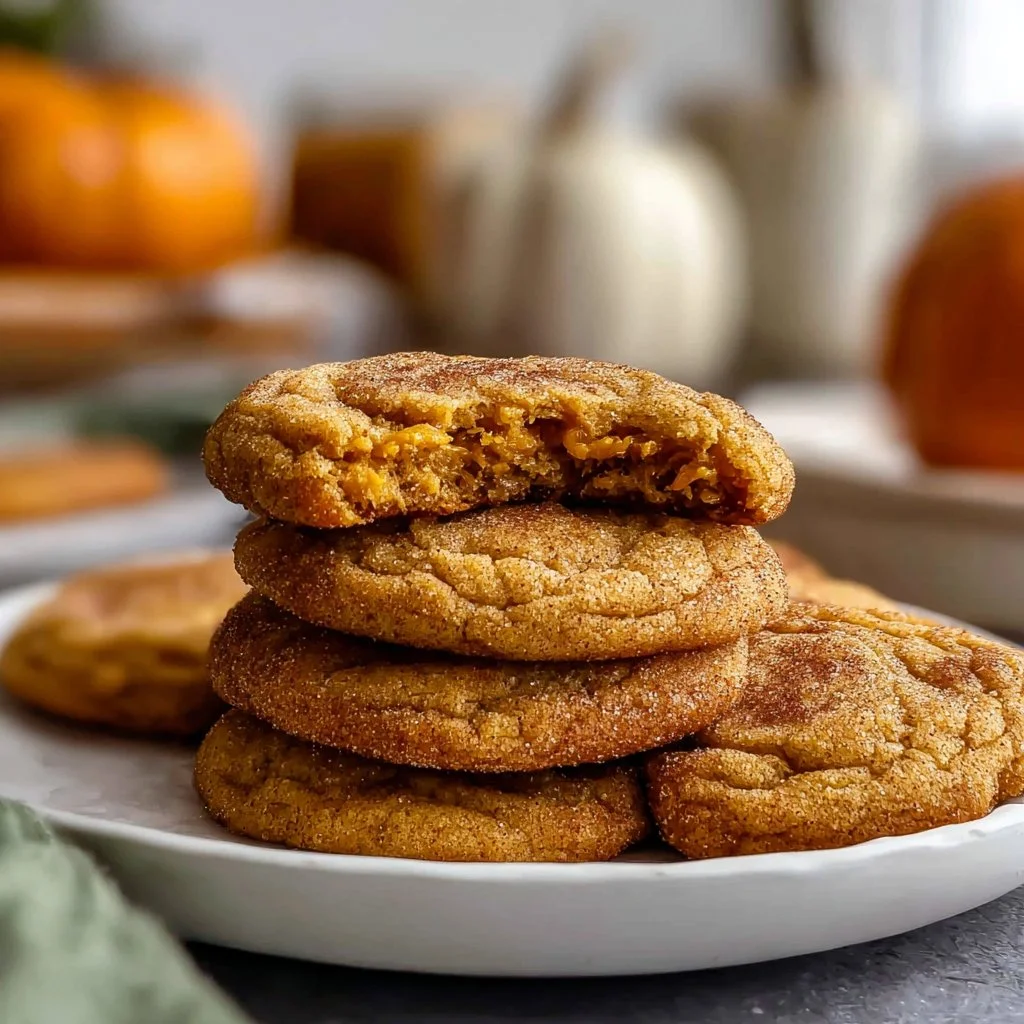 Soft and chewy pumpkin snickerdoodle cookies served on a plate for fall baking.