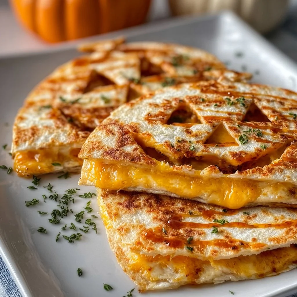 Halloween-themed Jack-o-lantern Cheese Quesadillas served on a plate