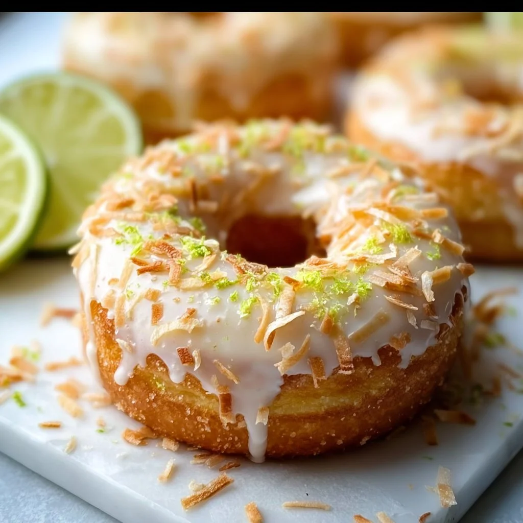 Freshly baked Key Lime Coconut Donuts topped with coconut flakes