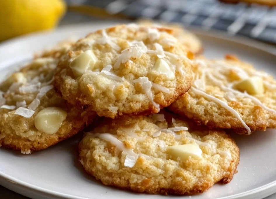 Delicious lemon coconut white chocolate cookies on a plate