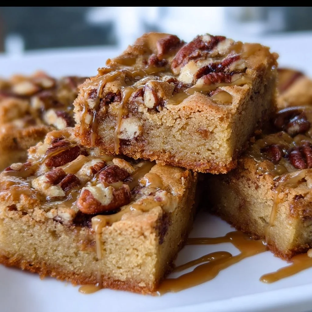 Delicious Maple Pecan Blondies topped with pecans and a maple glaze.