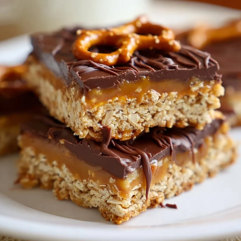 No-bake peanut butter pretzel bars with chocolate drizzle and pretzel topping