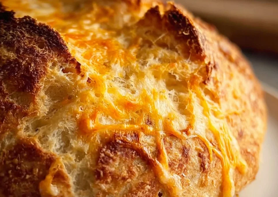 Delicious no-knead cheddar bread in a Dutch oven, golden and cheesy.