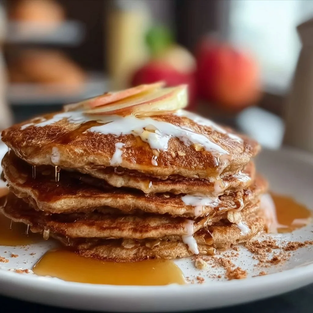 Fluffy oat pancakes stacked with fresh berries and honey on a plate