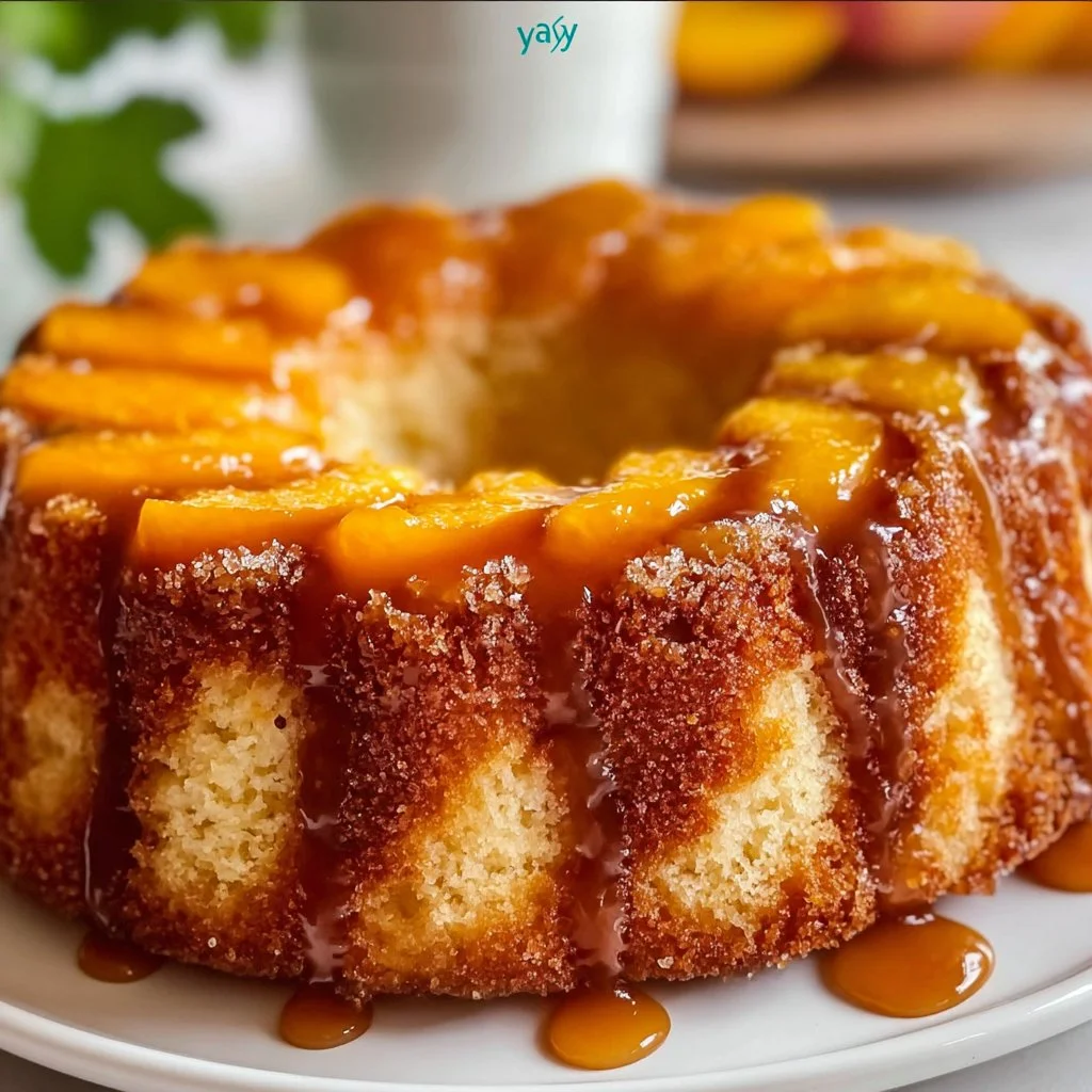 Slice of Peach Cobbler Pound Cake topped with fresh peaches and whipped cream.
