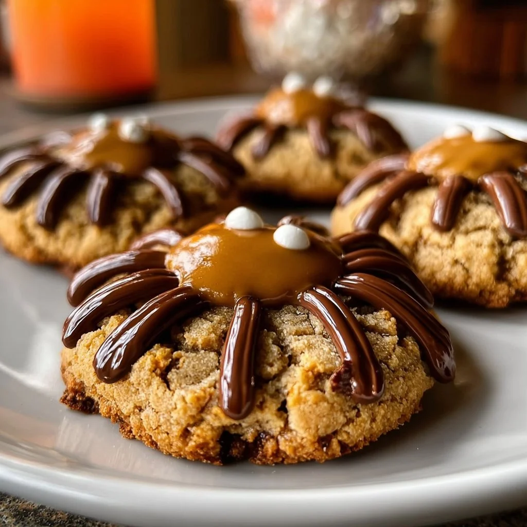 Peanut Butter Spider Cookies decorated for Halloween with chocolate legs