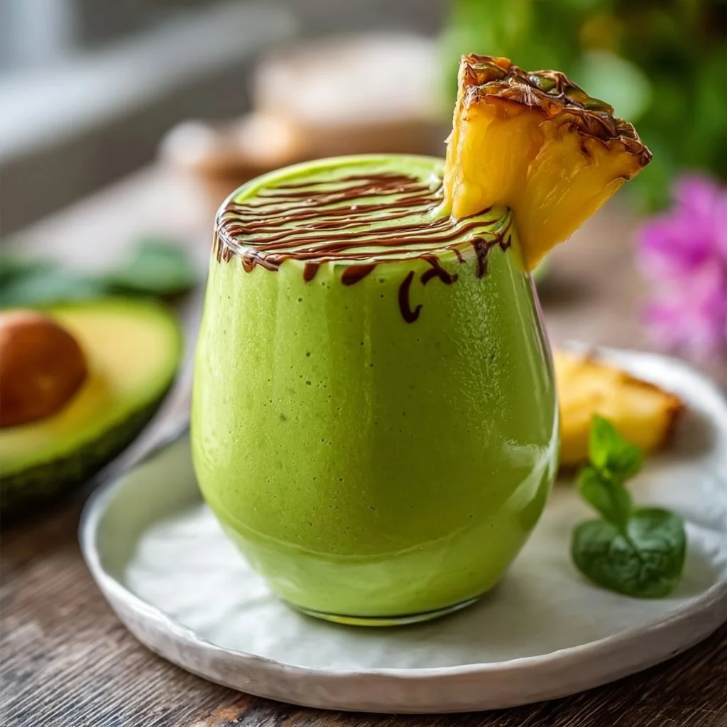 Pineapple avocado green smoothie in a glass with fresh ingredients