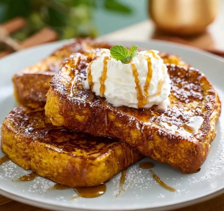 Delicious Pumpkin French Toast topped with maple syrup and spices