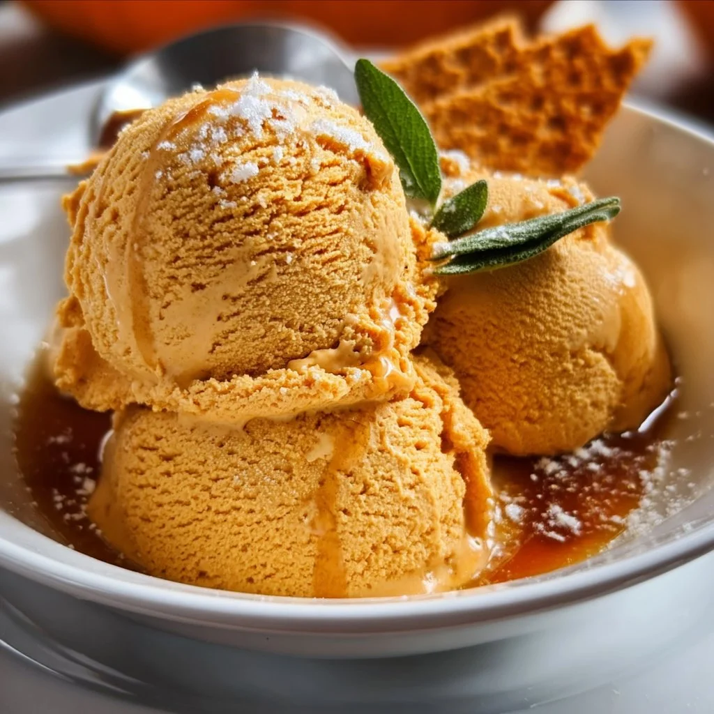 Creamy pumpkin ice cream in a waffle cone topped with cinnamon sprinkles.