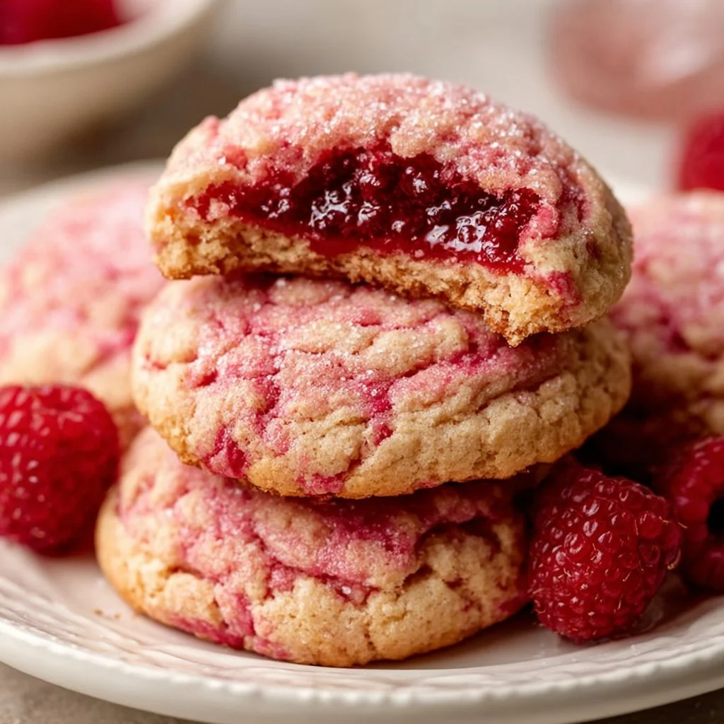 Freshly baked Raspberry Sugar Cookies with berries on a plate