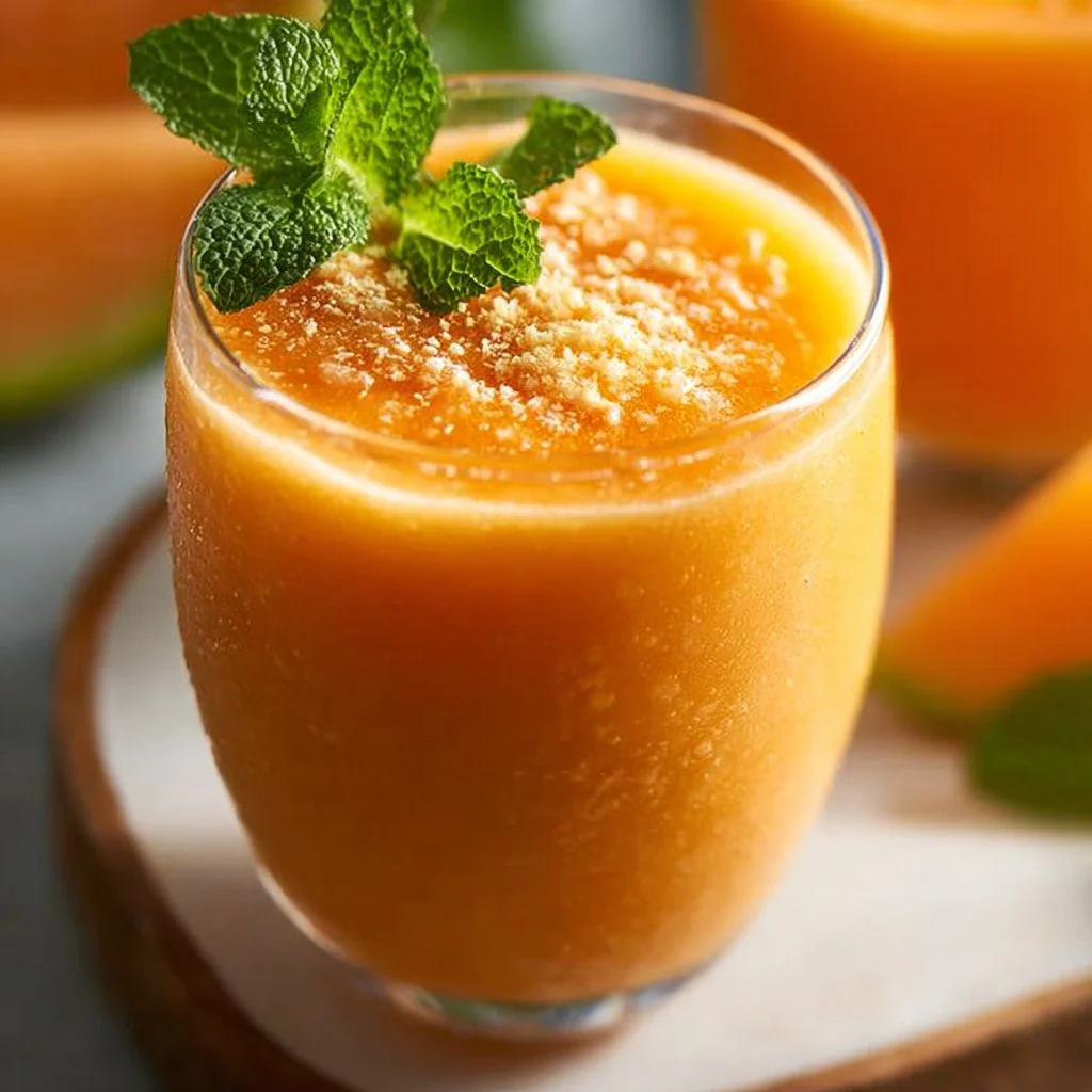 Delicious cantaloupe smoothie in a glass with fresh fruit