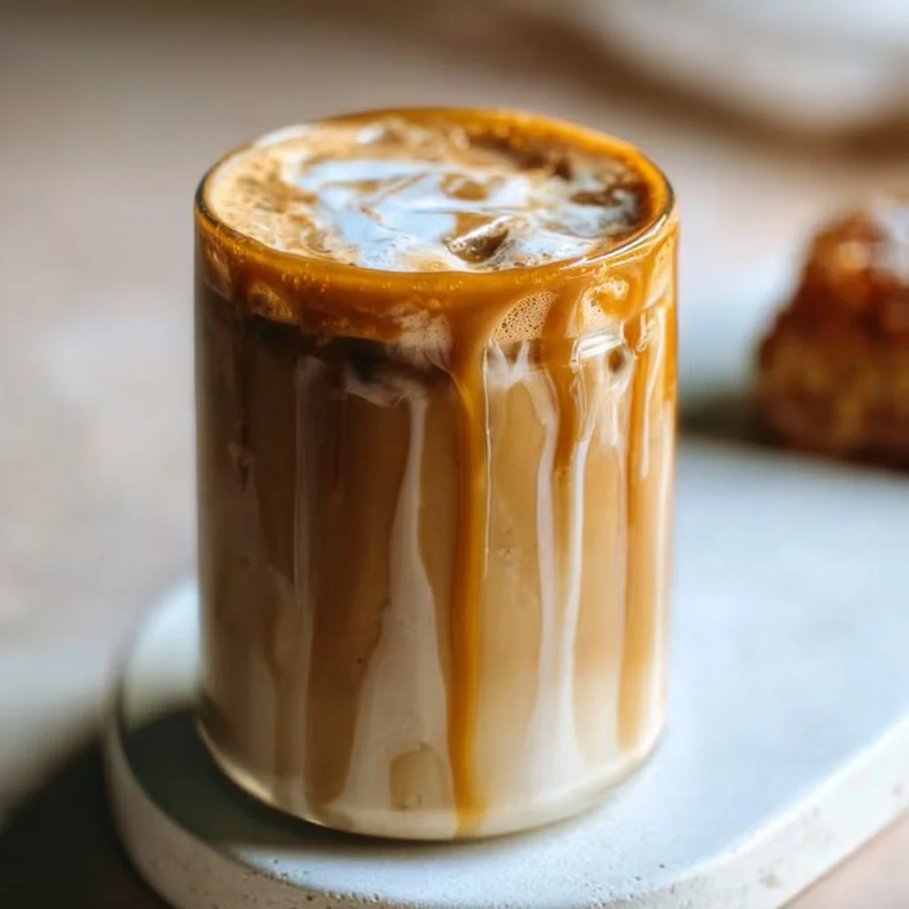 Salted tahini caramel latte topped with a sprinkle of sea salt