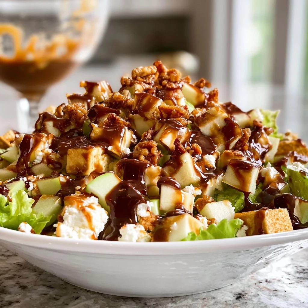 Delicious Snicker Apple Salad with apples, caramel, and Snickers pieces.