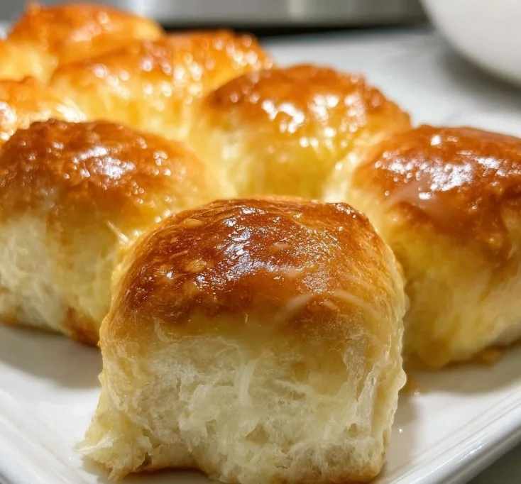 Freshly baked soft and fluffy dinner rolls on a wooden board