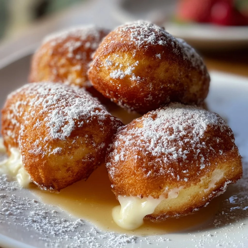 Fluffy vanilla French beignets dusted with powdered sugar on a plate.