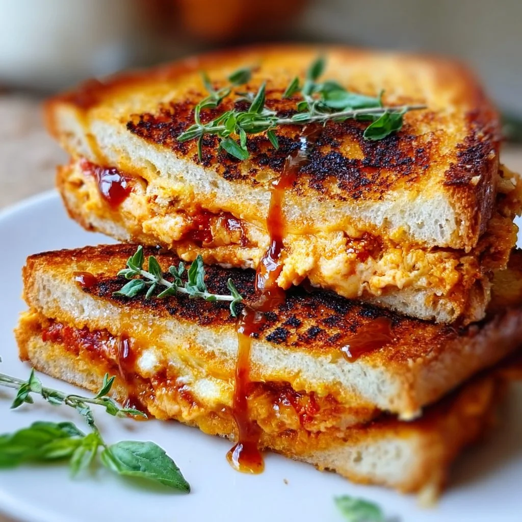 Vegan pizza grilled cheese topped with fresh veggies and vegan cheese layers